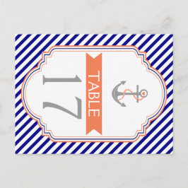Cartão Postal Naby azul, coral número da mesa náutica de casamen