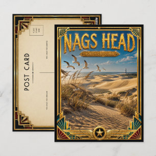 Cartão Postal Nags Head Carolina do Norte Arte Deco Dourada Vint