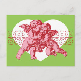 Cartão Postal. Namorados Cupido, Rosa E Verde.
