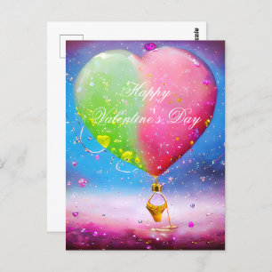 Cartão Postal Namorados de balão de ar, cor-de-rosa e coração ve