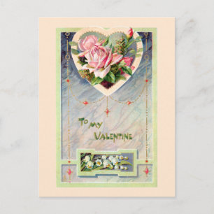 Cartão Postal Namorados de safra com Rosas Rosa