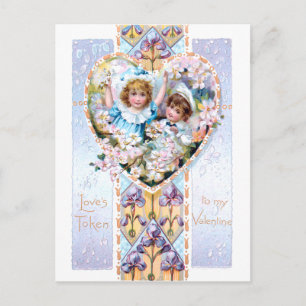 Cartão Postal Namorados de Vintage com Crianças e Íris Púrpura