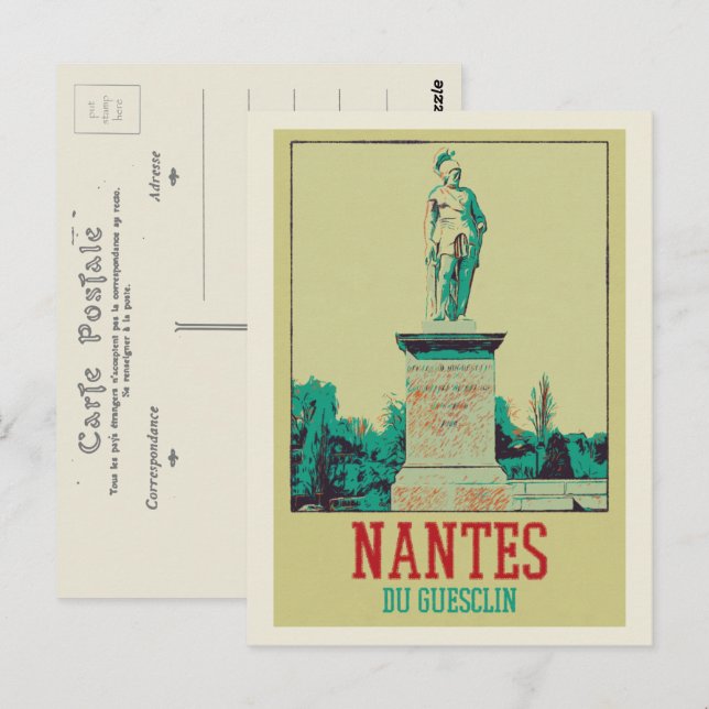 Cartão Postal Nantes Du Guesclin estátua França (Frente/Verso)