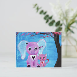 Cartão Postal Não Me Esqueças Arte de Elefante Rosa com Flor de 
