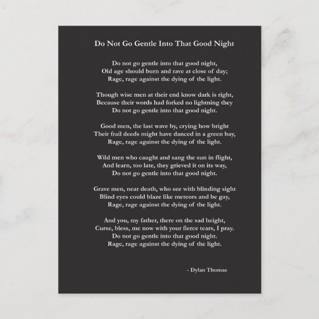 Cartão Postal Não seja gentil com Dylan Thomas (Frente)