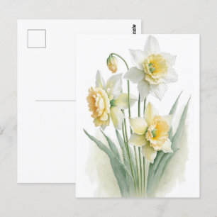 Cartão Postal Narcisos amarelos e brancos em aquarela vintage