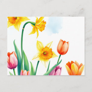 Cartão Postal Narcisos e Tulipas Vibrantes em Aquarela