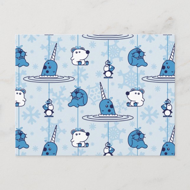 Cartão Postal Narwhal Blue Snowflake Pattern (Frente)