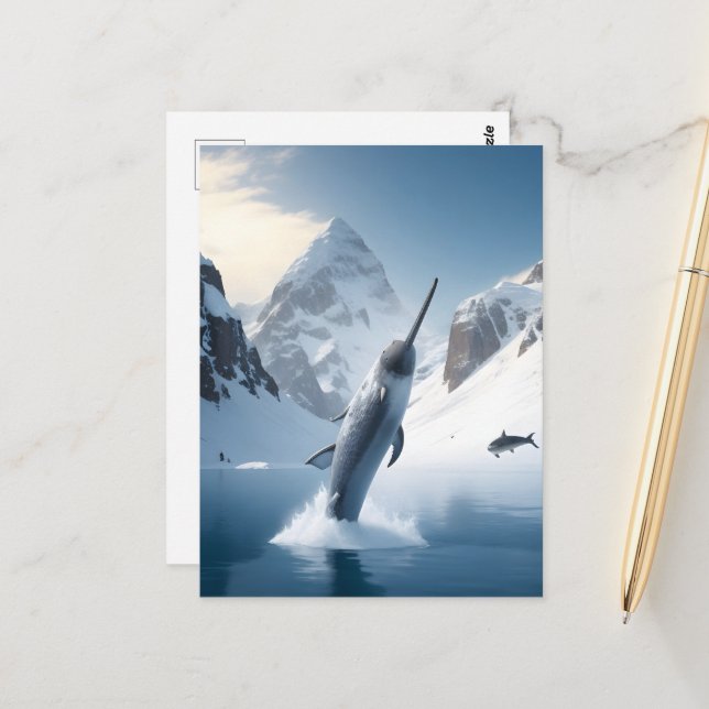 Cartão Postal Narwhal saltando do lago (Frente/Verso In Situ)