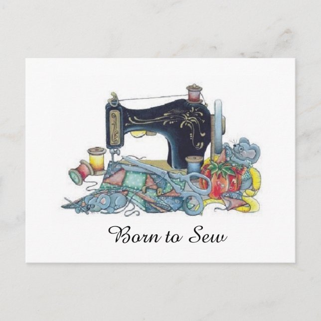 Cartão Postal Nascer para mastigar. Máquina de costura. (Frente)