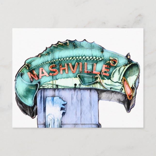Cartão Postal Nashville Pescador Neon Sinal Fish Watercolor (Frente)