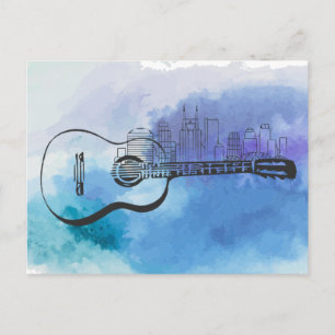 Cartão Postal Nashville Skyline Guitar Watercolor Design