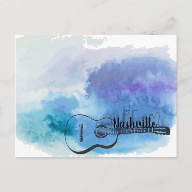 Cartão Postal Nashville Skyline Guitar Watercolor Design (Frente)