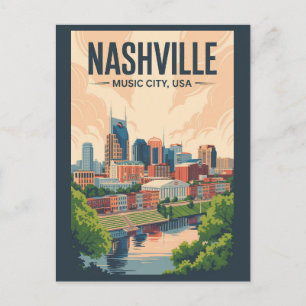 Cartão Postal Nashville Tennessee Skyline Viagem Arte Vintage