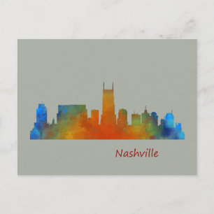 Cartão Postal Nashville Tennessee Skyline watercolor art v1