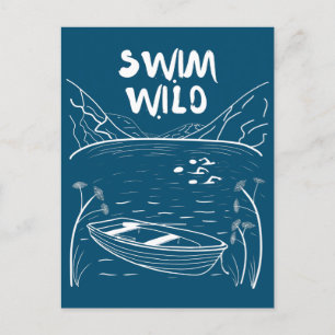 Cartão Postal Natação selvagem com amigos em lagoa perto de barc