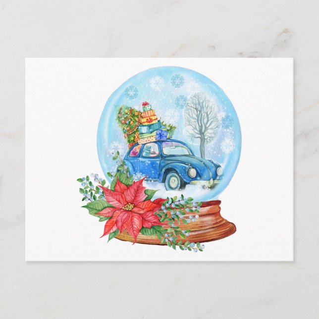 Cartão Postal Natais vintages Carro, Poinsettia Snow Globe (Frente)