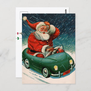 Cartão Postal Natais vintages, Papai Noel em um carro bonito