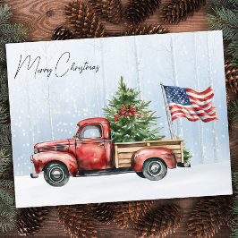 Cartão Postal Natais vintages Red Truck Patriotic USA Flag
