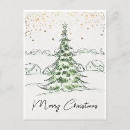Cartão Postal Natal Alegre Branco e Verde Desenhado à Mão
