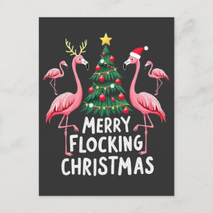 Cartão Postal Natal Alegre com Flamingos Árvore de Natal