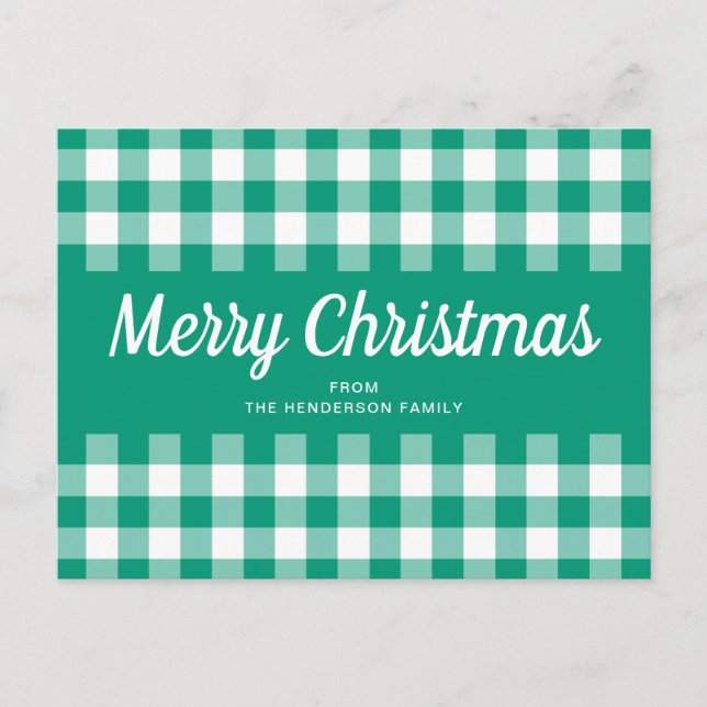 Cartão Postal Natal Alegre Xadrez Gingham Verde Rústico  (Frente)