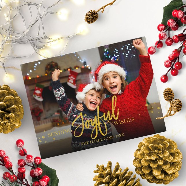 Cartão Postal Natal Alegria Dourada Brilhante Foto Feriados (Criador carregado)