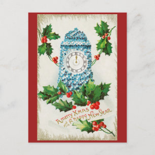 Cartão Postal Natal Antigo Feliz e Ano Novo Feliz 