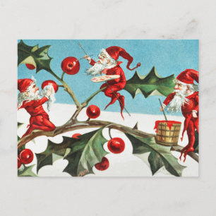 Cartão Postal Natal Antigo Papai Noel Elfo E Fruta De Azevinho