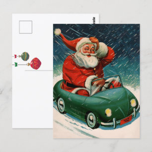 Cartão Postal Natal Antigo, Papai Noel em um Carro Fofo