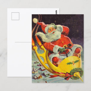 Cartão Postal Natal Antigo, Papai Noel em uma Espaçonave