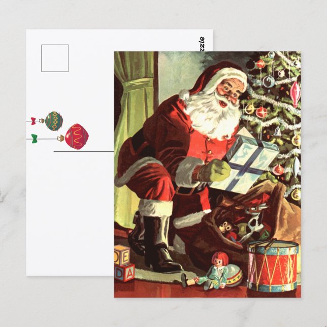 Cartão Postal Natal Antigo, Papai Noel Retrô com Presentes (Frente/Verso)