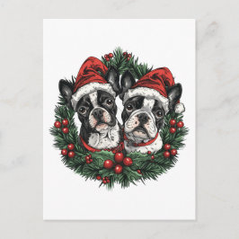 Cartão Postal Natal Boston Terrier Cães Coroa de Natal