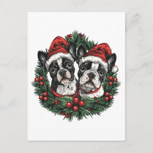 Cartão Postal Natal Boston Terrier Cães Coroa de Natal