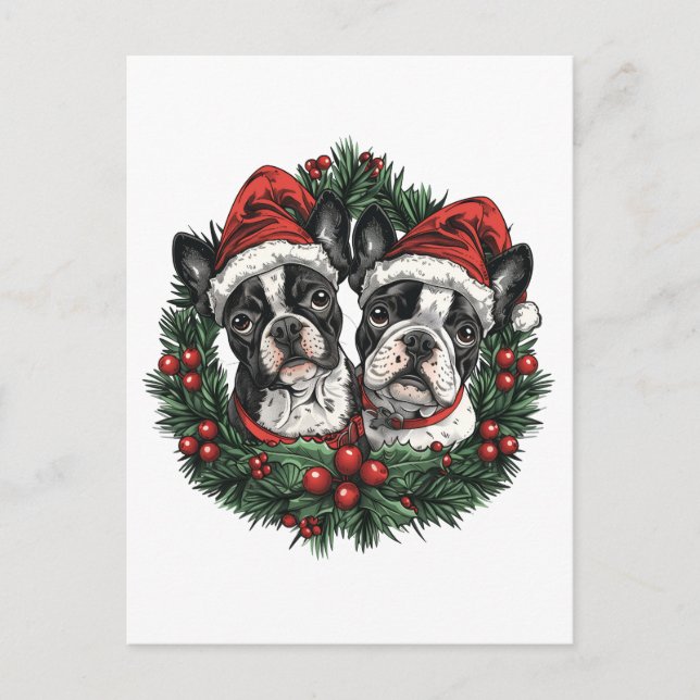 Cartão Postal Natal Boston Terrier Cães Coroa de Natal (Frente)