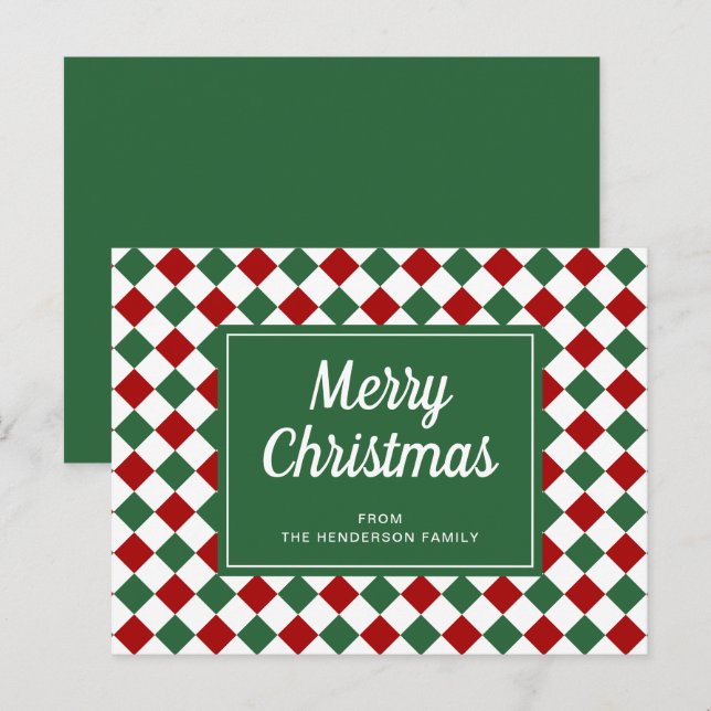 Cartão Postal Natal clássico dos cheques verdes vermelhos (Frente/Verso)