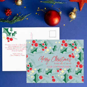 Cartão Postal Natal Corporativo de Meados do Século com Azevinho