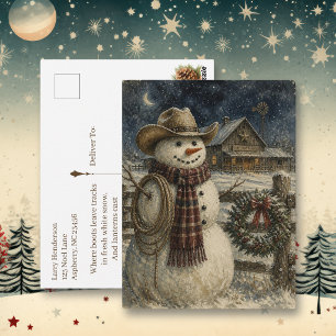 Cartão Postal Natal Country e Western Boneco de Neve Cowboy