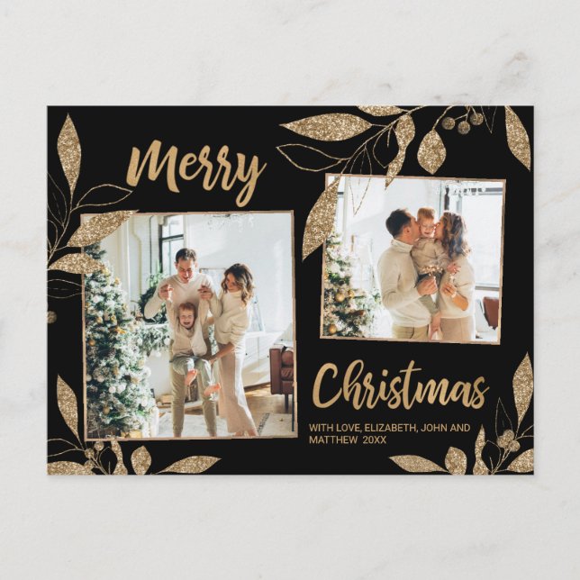 Cartão Postal Natal da Colagem de Fotografias Dourada Elegante 2 (Frente)