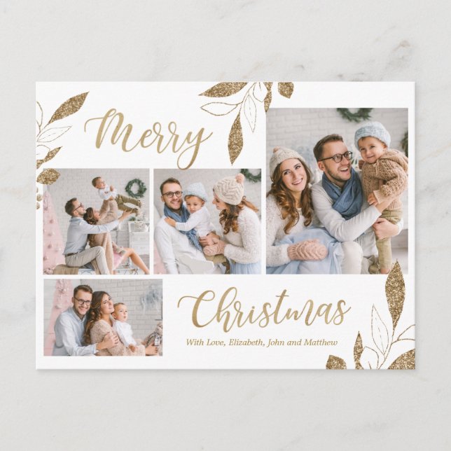Cartão Postal Natal da Colagem de Fotos 4 Botânica Dourada Elega (Frente)