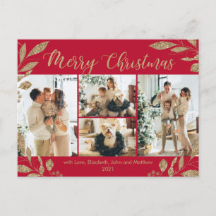 Cartão Postal Natal da Colagem de Fotos do Dourado Vermelho Mode