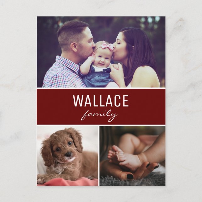 Cartão Postal Natal da Colagem de Fotos Personalizada Vermelha (Frente)