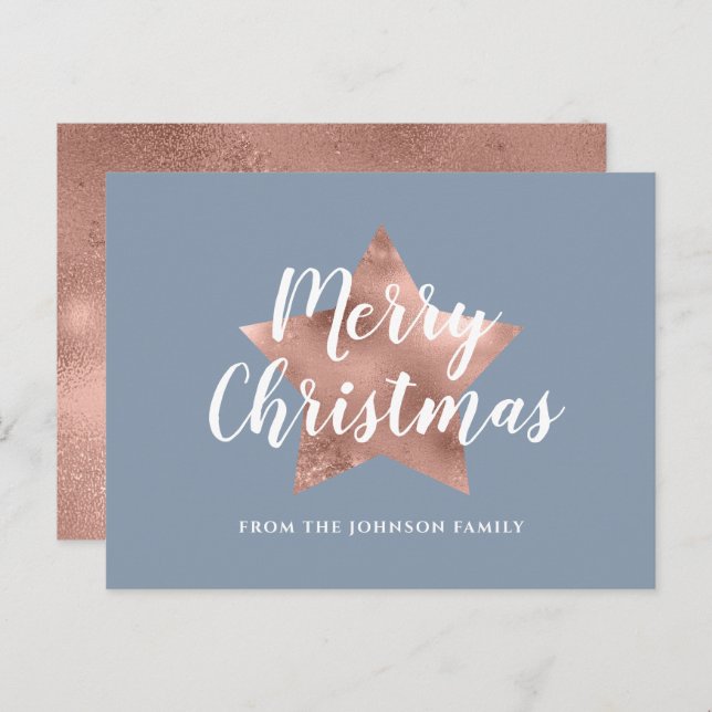 Cartão Postal Natal da Estrela Dourada do Rosa Azul Elegante (Frente/Verso)