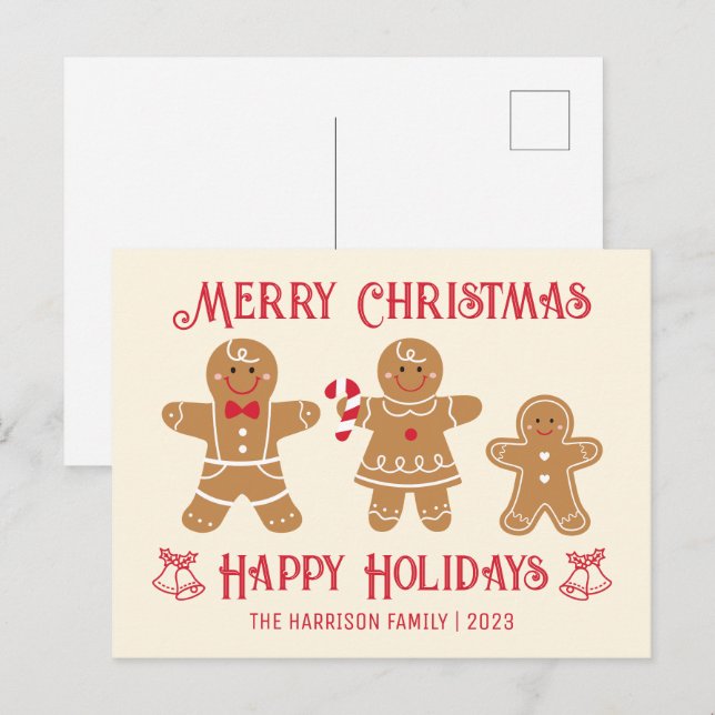 Cartão Postal Natal da Família de Cookies do Homem-Pão-Retro (Frente/Verso)