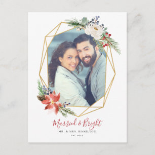 Cartão Postal Natal da Foto Floral Geométrica Casada e Brilhant