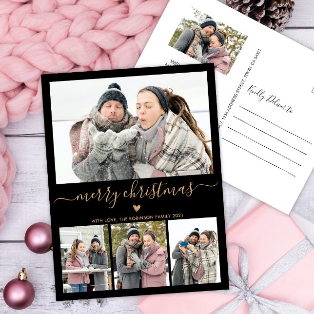 Cartão Postal Natal de Colagem de Fotos Dourada a 4 Preto Minima (Criador carregado)