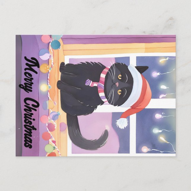 Cartão Postal Natal de Gato Negro feliz (Frente)