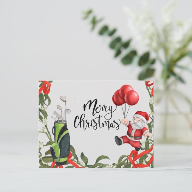 Cartão Postal Natal de Golfe com golfe no Papai Noel (Em pé/Frente)