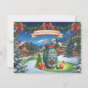 Cartão Postal Natal de golfe com saco de golfe no verde