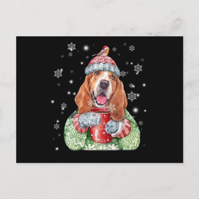Cartão Postal Natal de inverno com caça de basset (Frente)